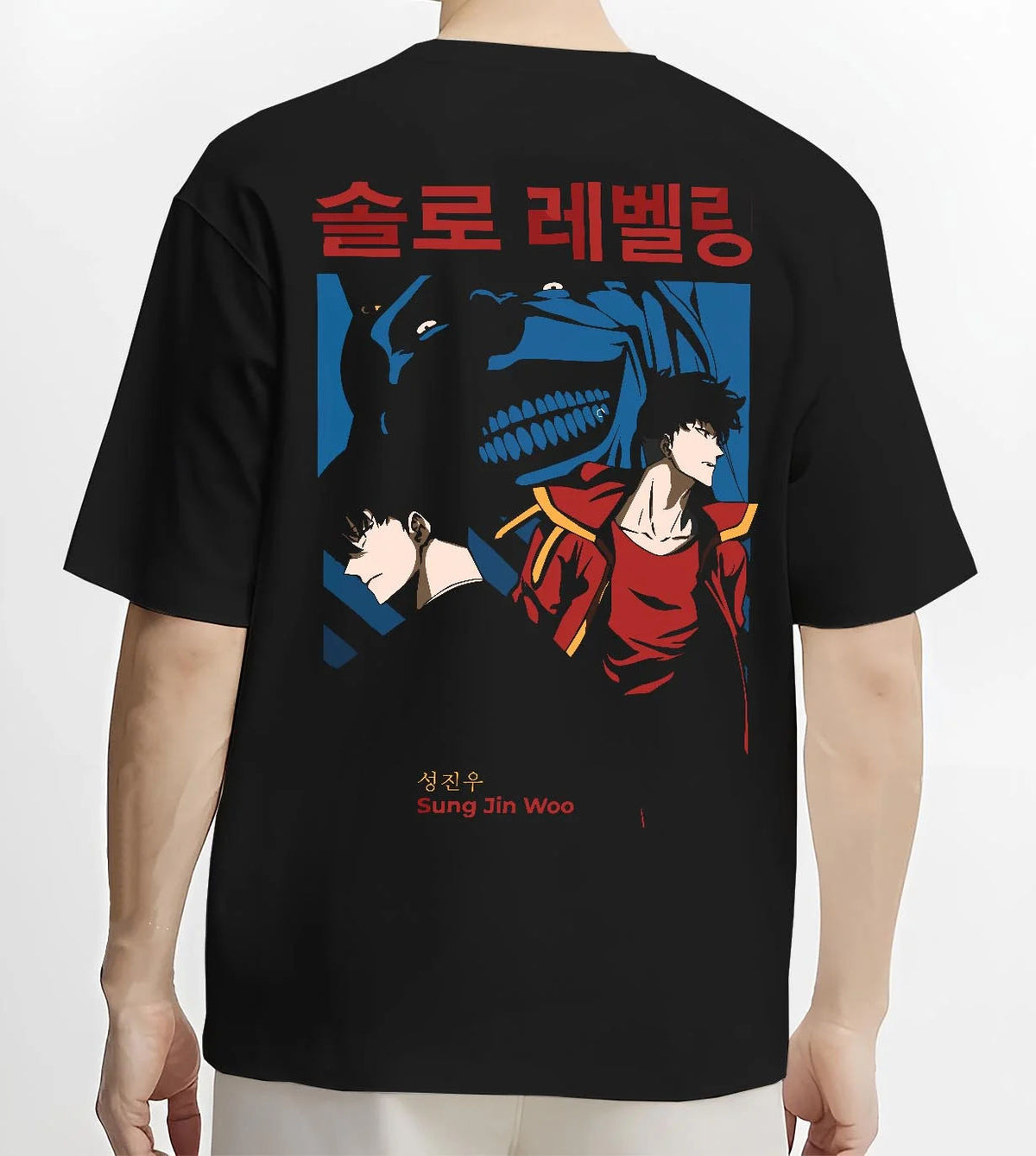Black T-shirt worn by male model from the back featuring Sung Jin-Woo shadow beast hunter Solo Leveling artwork.