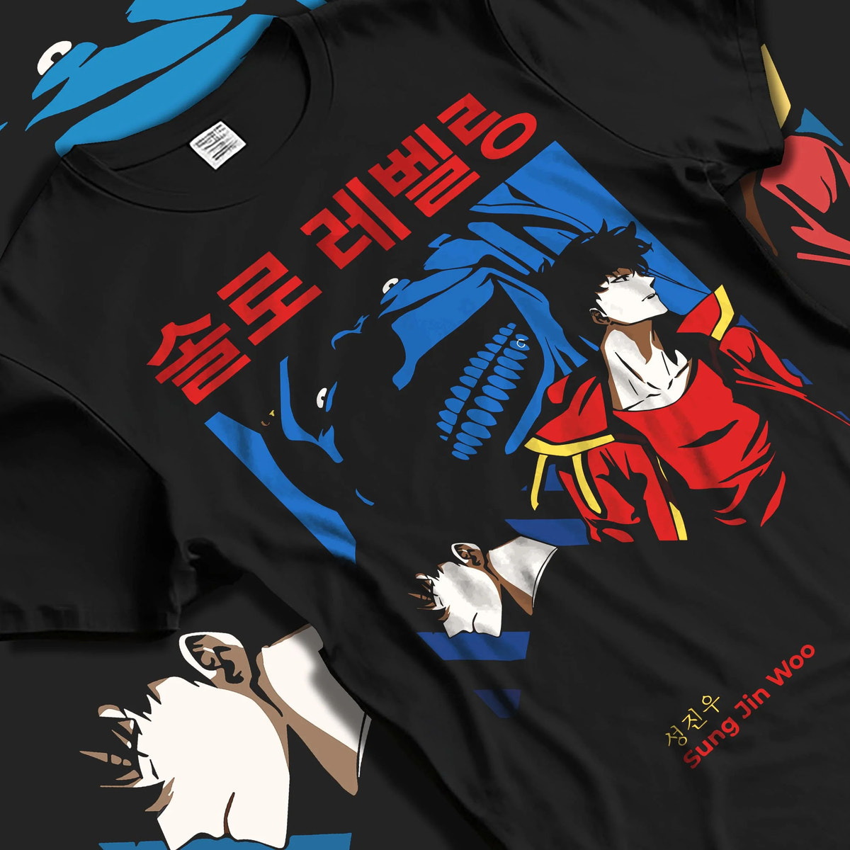 Black T-shirt laid flat with natural folds featuring Sung Jin-Woo shadow beast hunter Solo Leveling artwork.