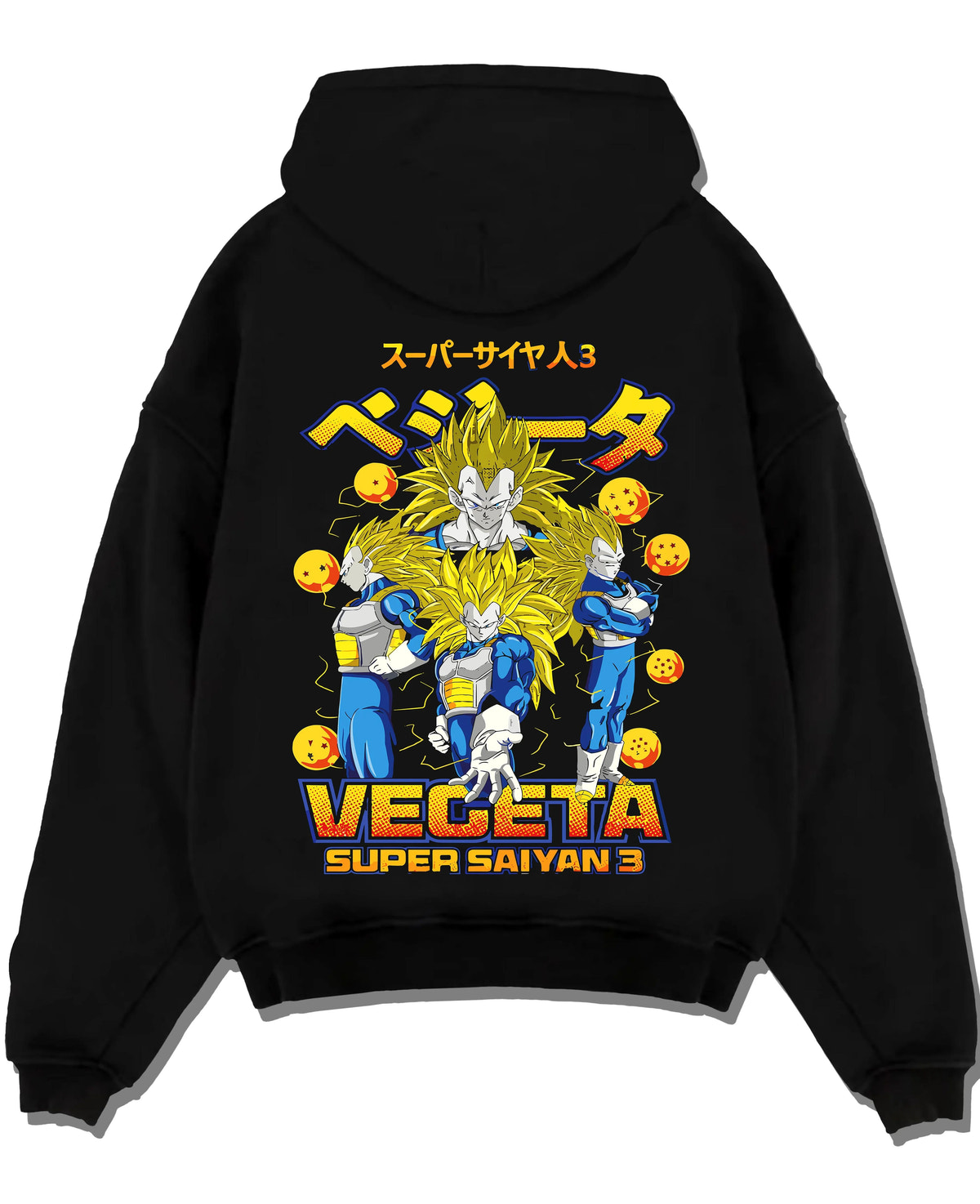 Black hoodie laid flat featuring Vegeta Super Saiyan 3 golden power Dragon Ball artwork.