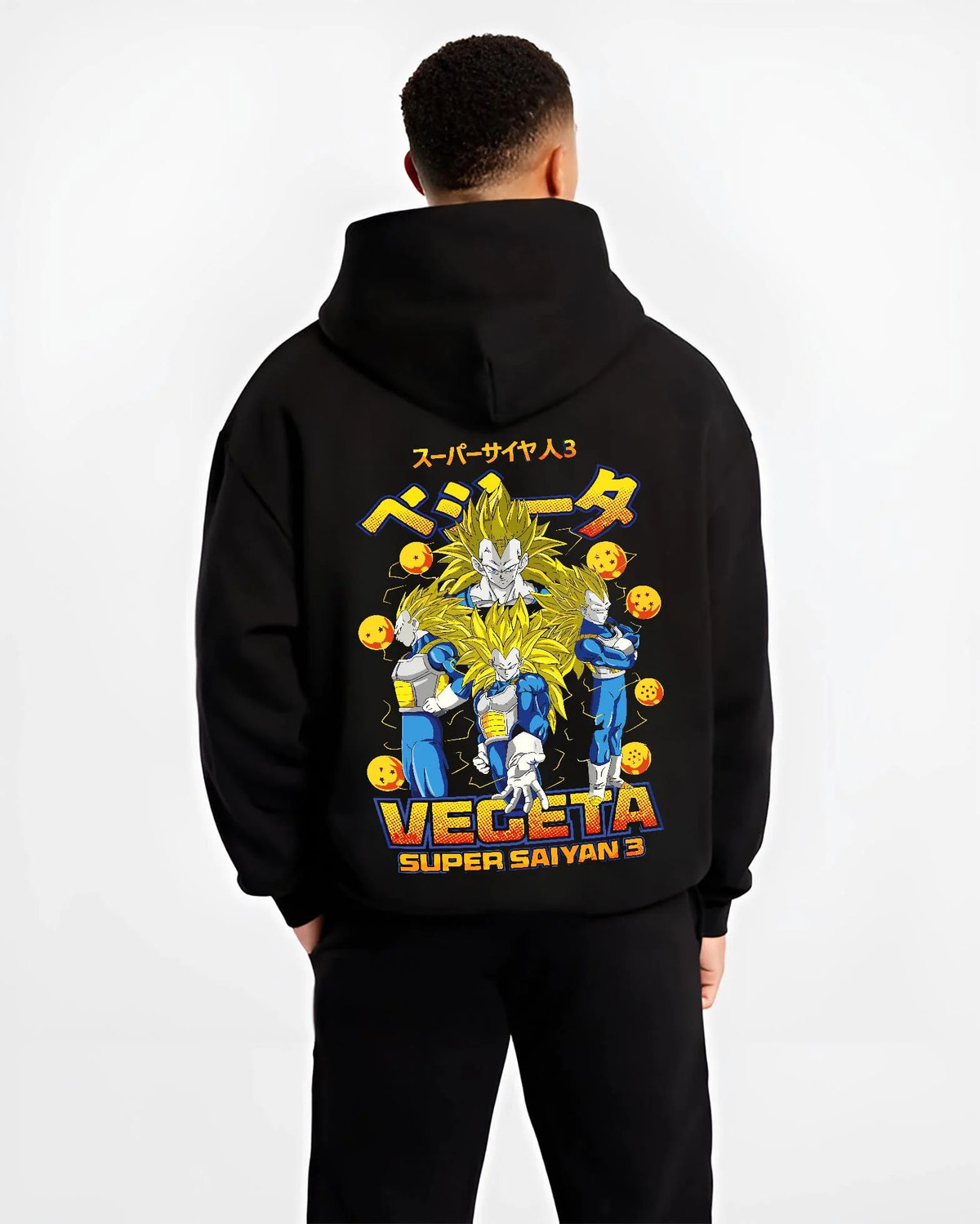 Black hoodie worn by male model from the back featuring Vegeta Super Saiyan 3 golden power Dragon Ball artwork.