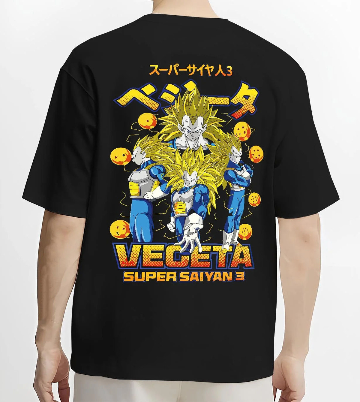 Black T-shirt worn by male model from the back featuring Vegeta Super Saiyan 3 golden power Dragon Ball artwork.