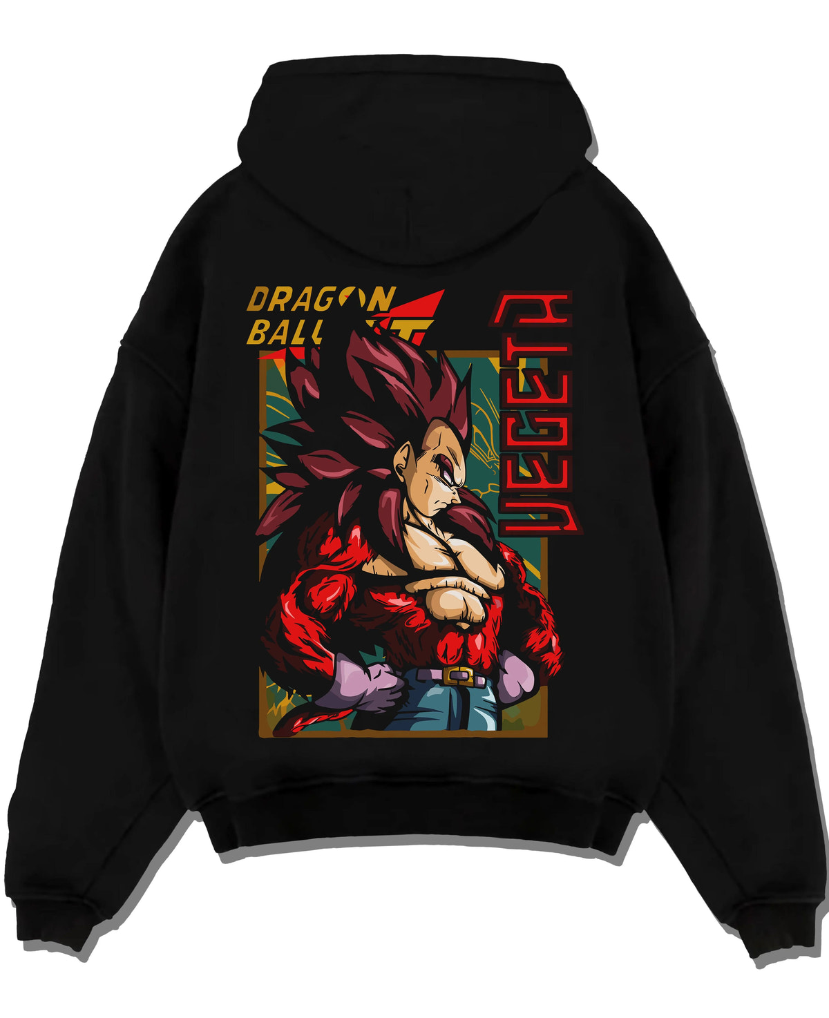 Black hoodie laid flat featuring Vegeta Super Saiyan 4 ape power Dragon Ball GT artwork.