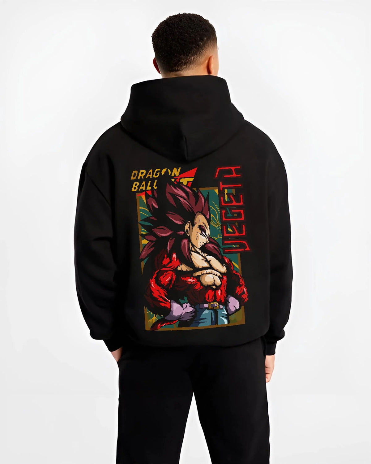 Black hoodie worn by male model from the back featuring Vegeta Super Saiyan 4 ape power Dragon Ball GT artwork.