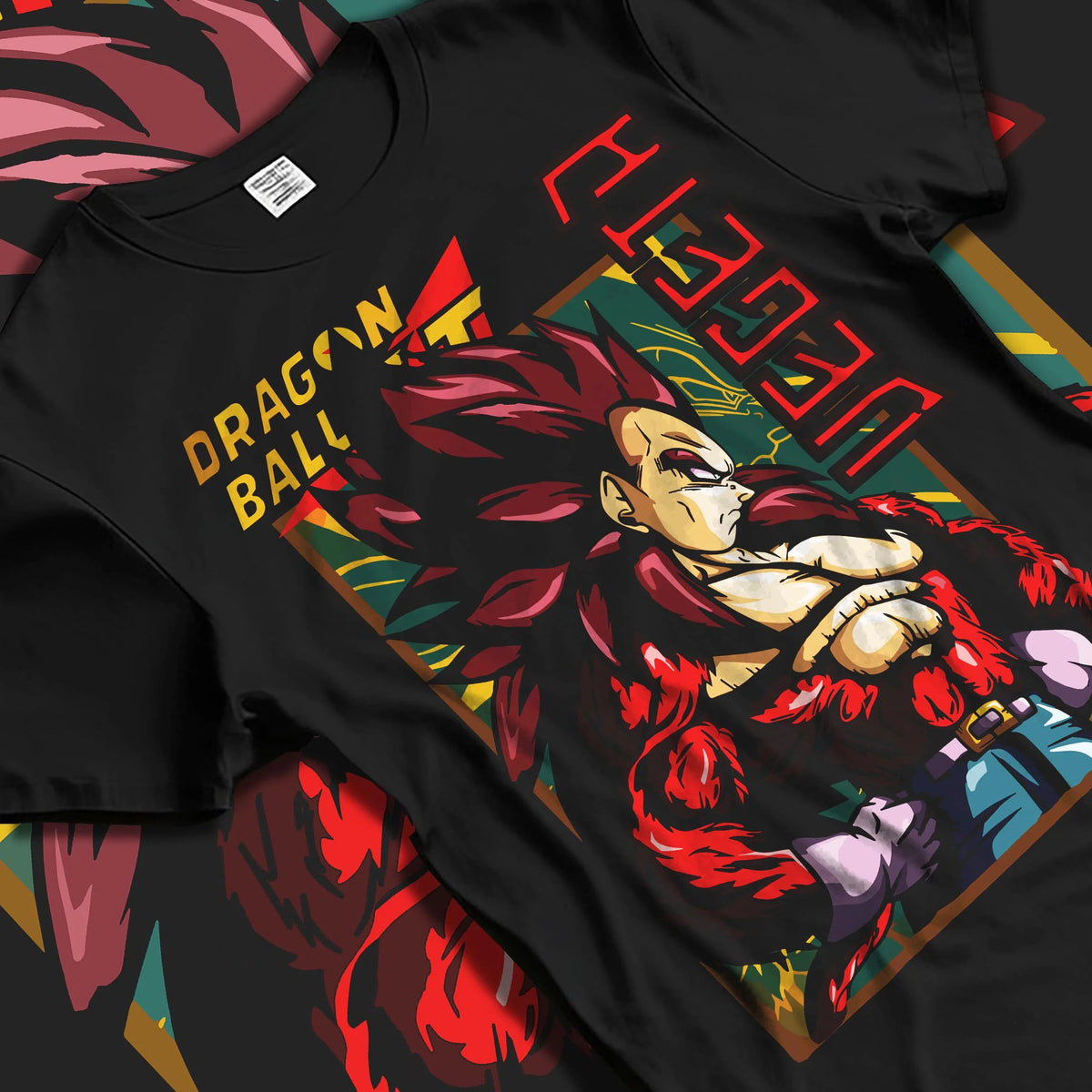 Black T-shirt laid flat with natural folds featuring Vegeta Super Saiyan 4 ape power Dragon Ball GT artwork.