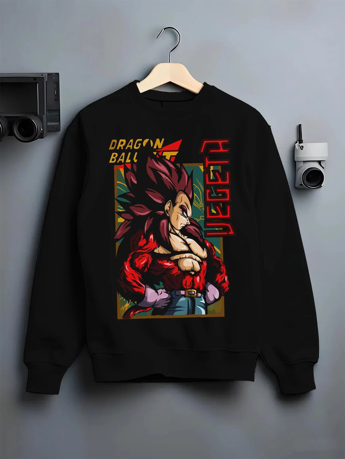Black crewneck sweatshirt on hanger featuring Vegeta Super Saiyan 4 ape power Dragon Ball GT artwork.