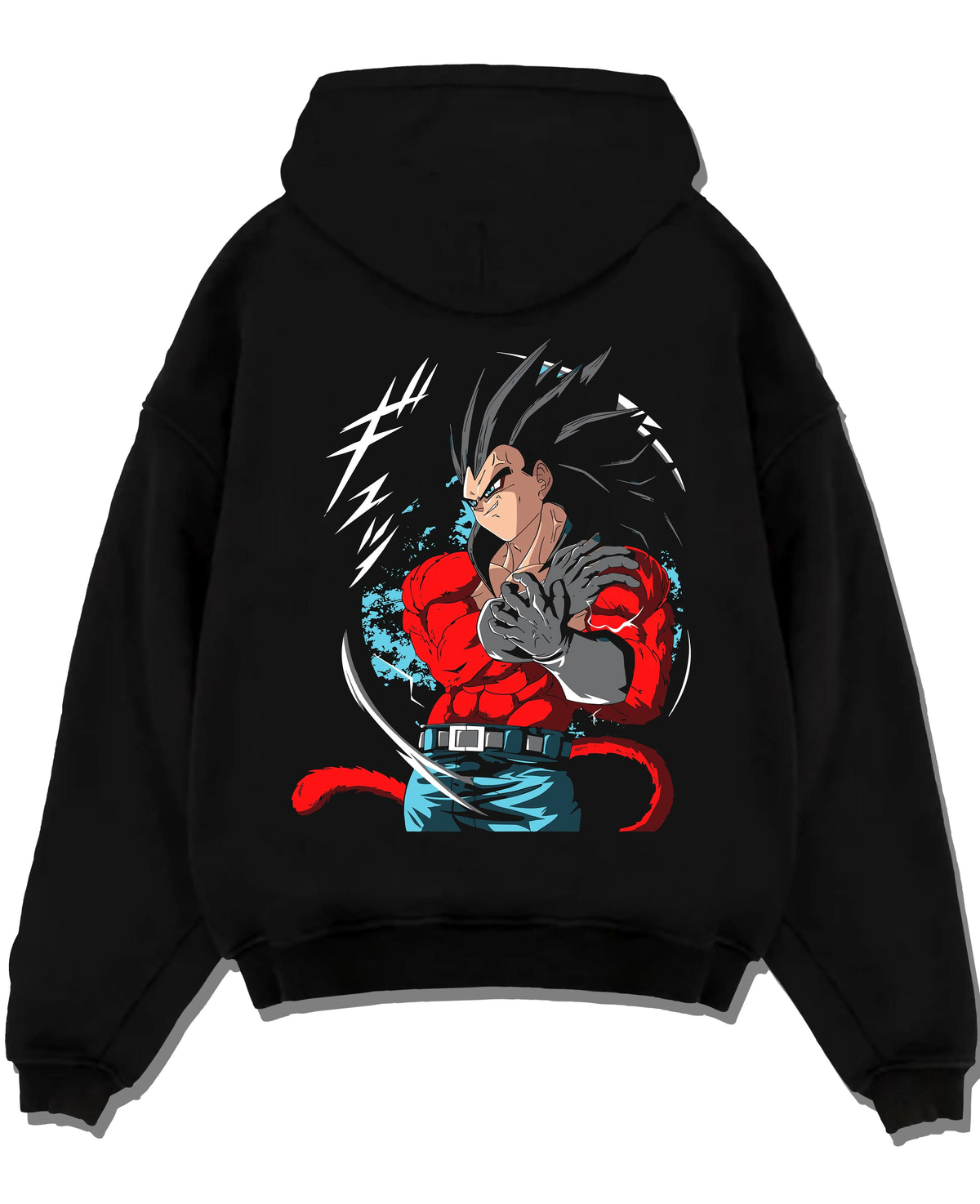 Black hoodie laid flat featuring Vegeta Super Saiyan 4 red battle Dragon Ball GT artwork.
