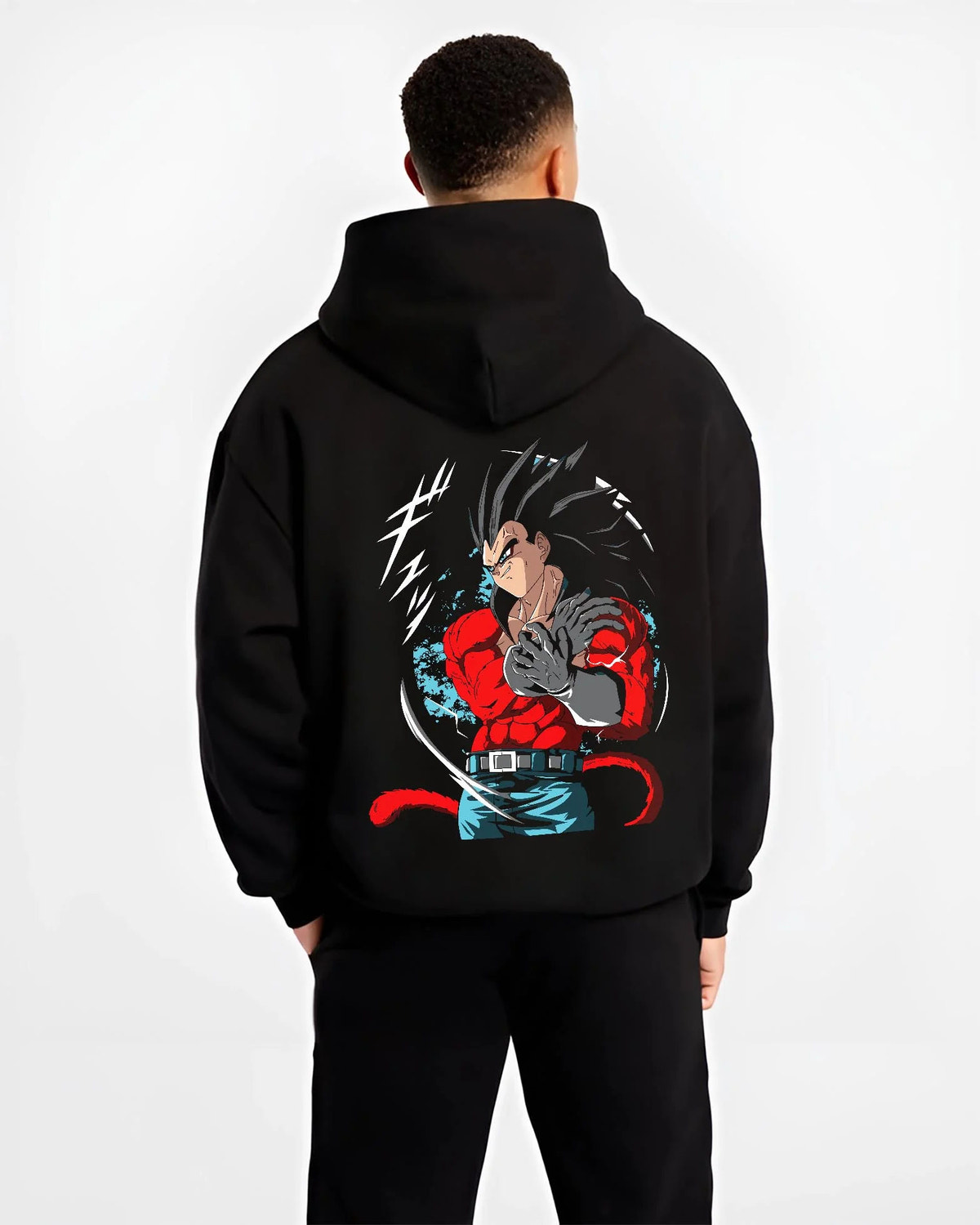 Black hoodie worn by male model from the back featuring Vegeta Super Saiyan 4 red battle Dragon Ball GT artwork.