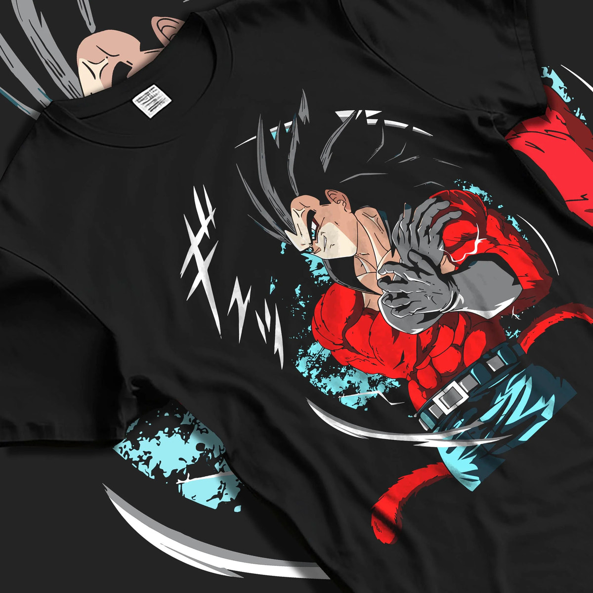 Black T-shirt laid flat with natural folds featuring Vegeta Super Saiyan 4 red battle Dragon Ball GT artwork.