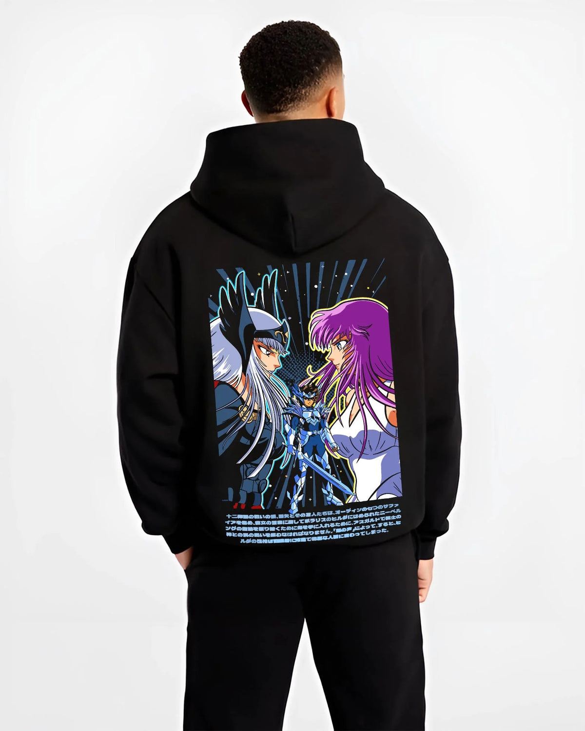 Black hoodie worn by male model from the back featuring Shun Andromeda Nebula Chain Saint Seiya artwork.