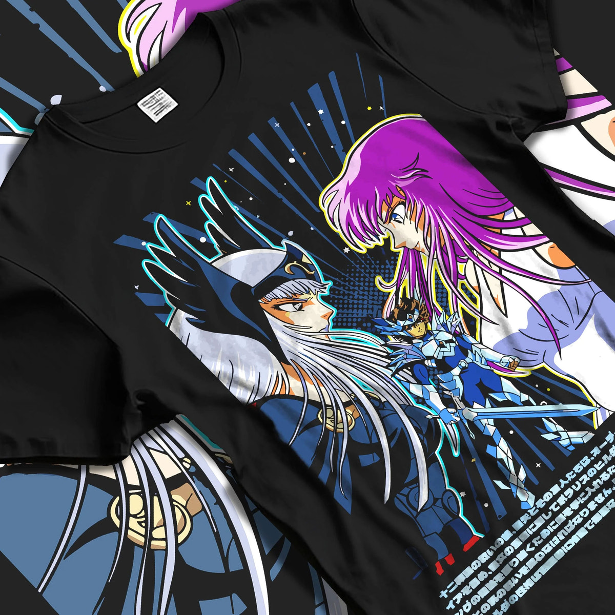 Black T-shirt laid flat with natural folds featuring Shun Andromeda Nebula Chain Saint Seiya artwork.