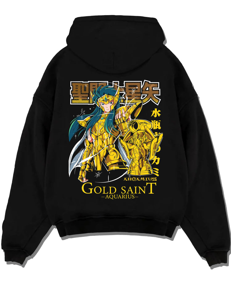 Black hoodie laid flat featuring Camus Aquarius Gold Saint freezing power Saint Seiya artwork.