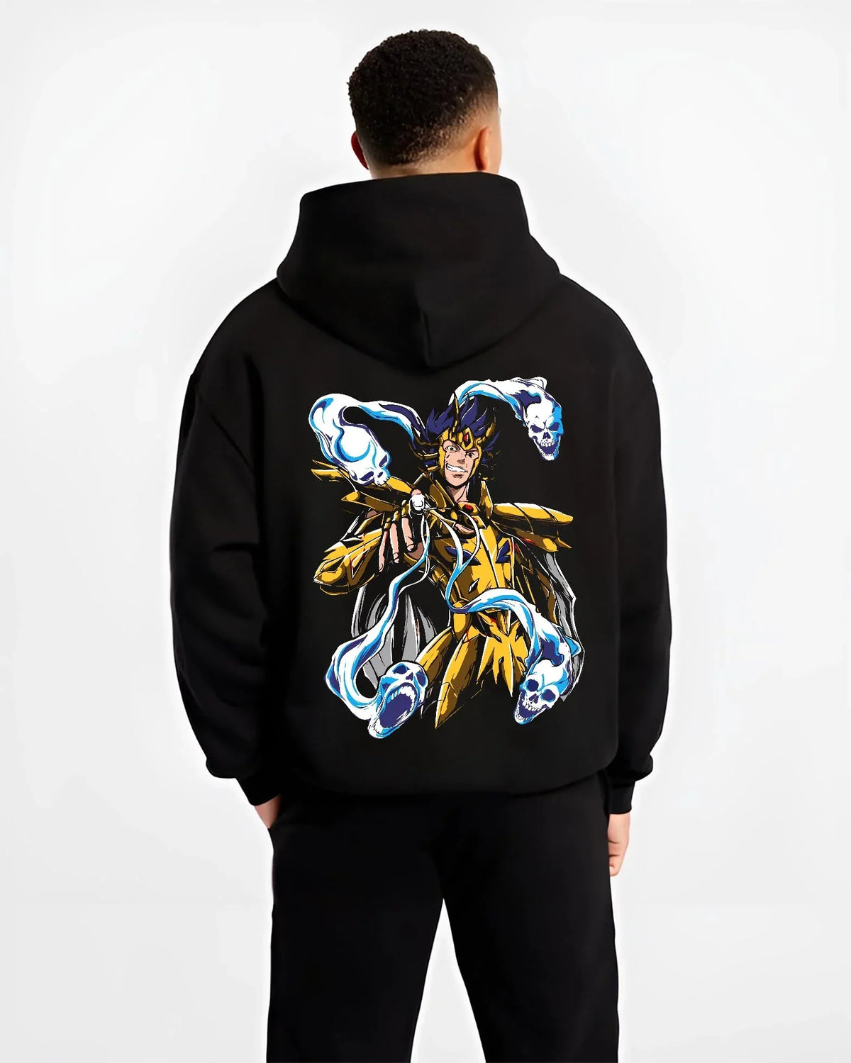 Black hoodie worn by male model, back view with Spider Man Hoodie Gold Suit Electro Marvel Crossover graphic streetwear graphic.