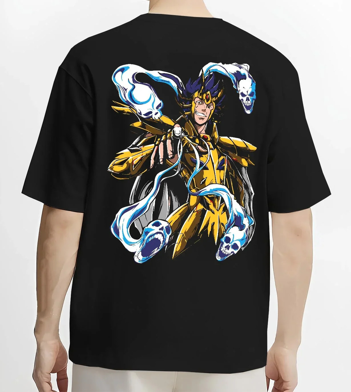 Black T-shirt worn by male model, back view with Spider Man Hoodie Gold Suit Electro Marvel Crossover graphic bold anime graphic.