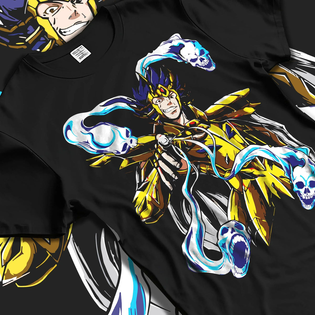 Black T-shirt laid flat with natural folds with Spider Man Hoodie Gold Suit Electro Marvel Crossover graphic premium wear.