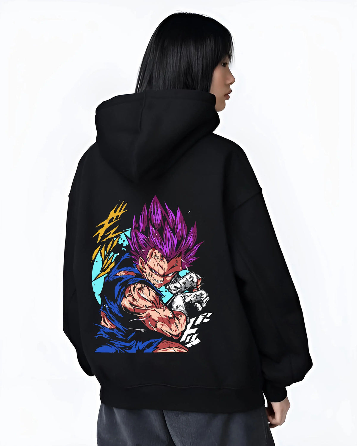 Black hoodie worn by female model from the back featuring Vegeta Ultra Ego purple destruction power Dragon Ball Super artwork.