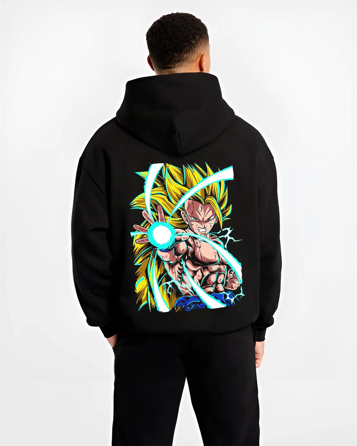 Black hoodie worn by male model from the back featuring Goku Super Saiyan 3 energy blast Dragon Ball Z artwork.