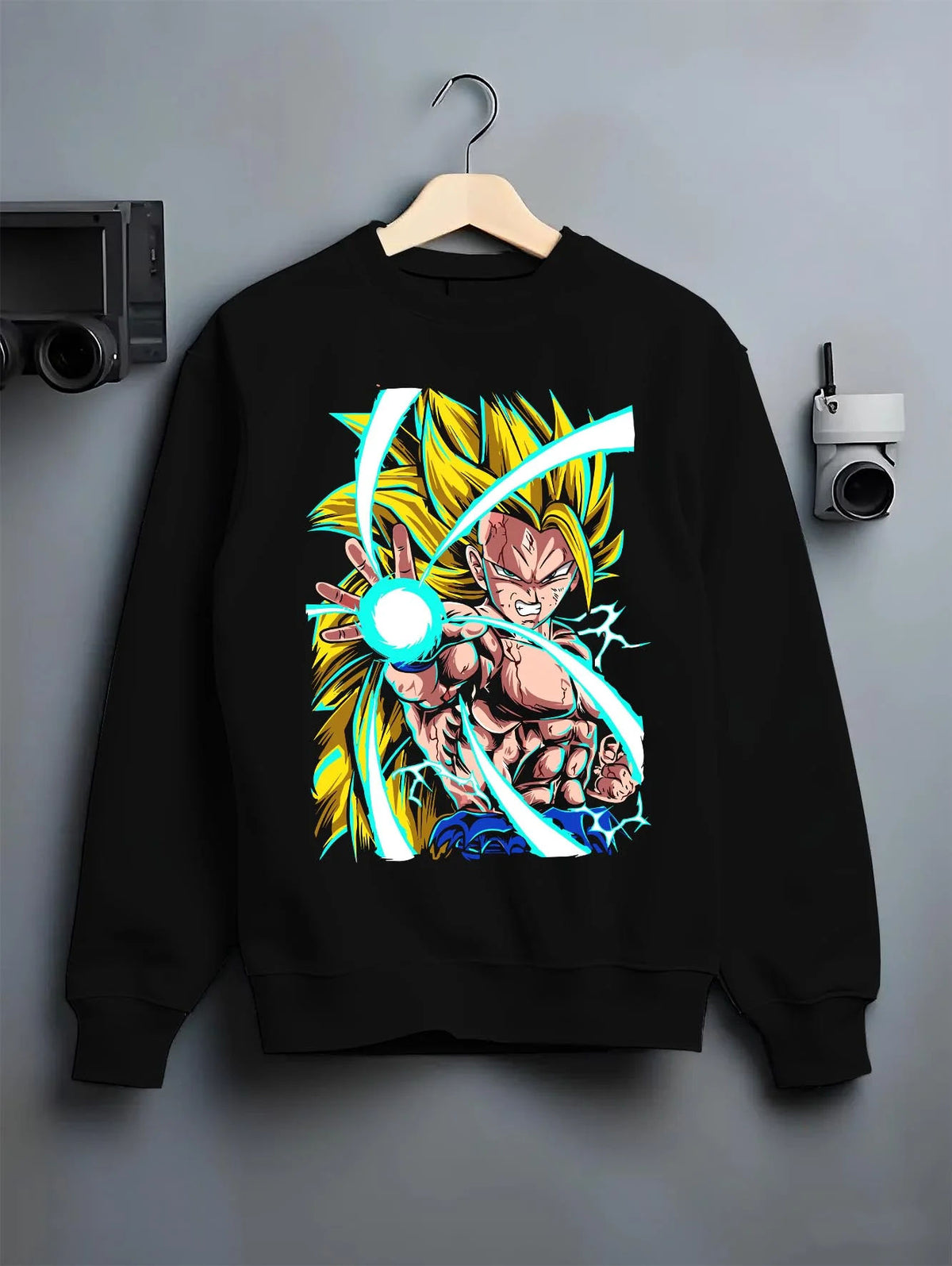 Black crewneck sweatshirt on hanger featuring Goku Super Saiyan 3 energy blast Dragon Ball Z artwork.