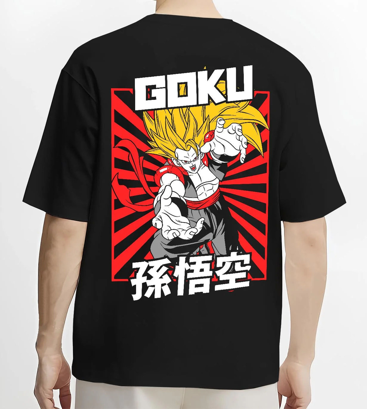 Black T-shirt worn by male model from the back featuring Goku Super Saiyan 3 sunburst battle Dragon Ball Z artwork.