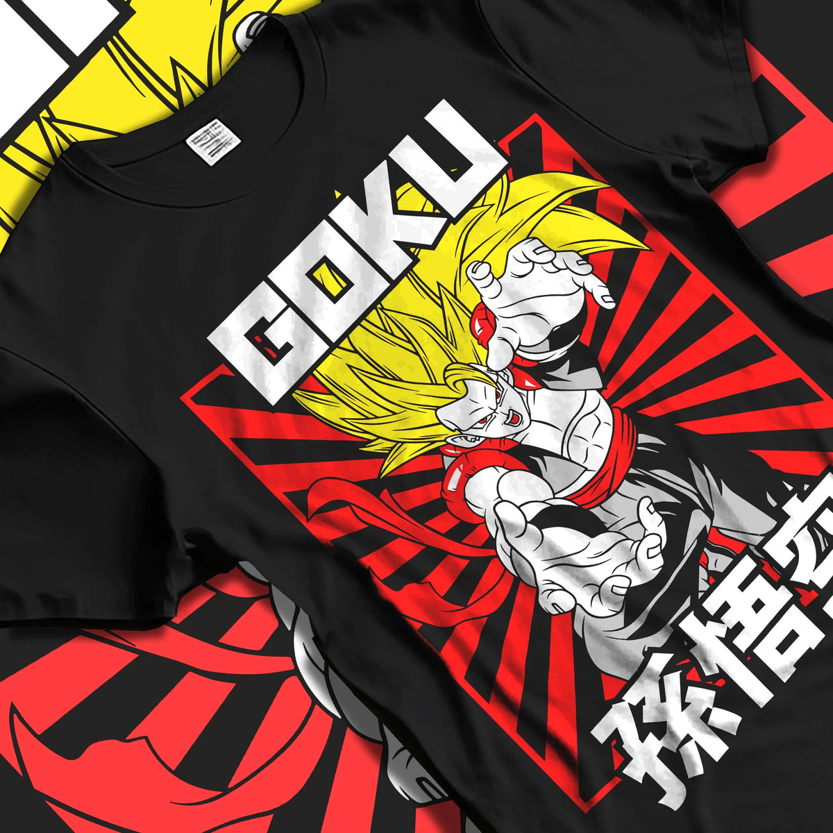 Black T-shirt laid flat with natural folds featuring Goku Super Saiyan 3 sunburst battle Dragon Ball Z artwork.