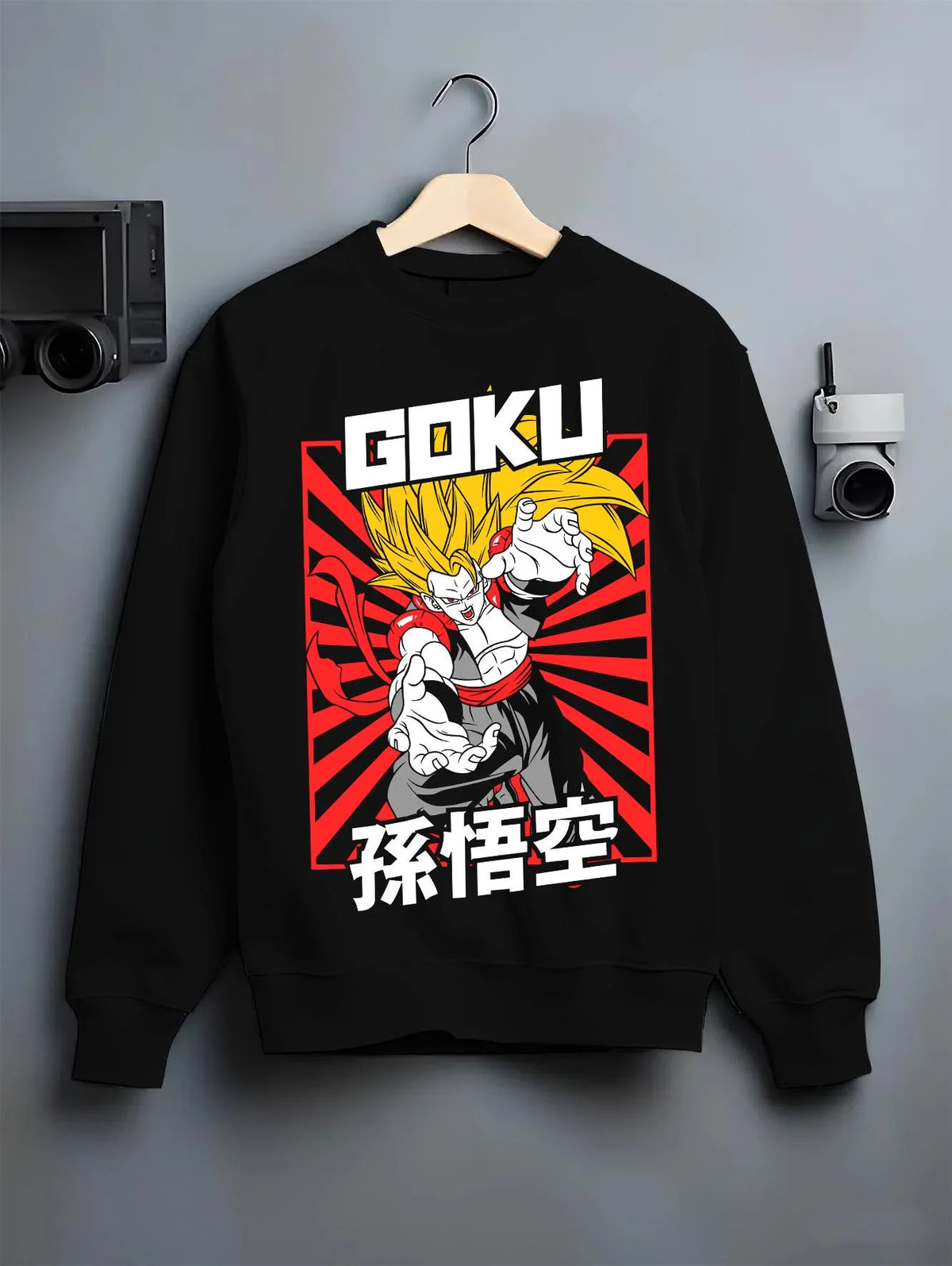 Black crewneck sweatshirt on hanger featuring Goku Super Saiyan 3 sunburst battle Dragon Ball Z artwork.