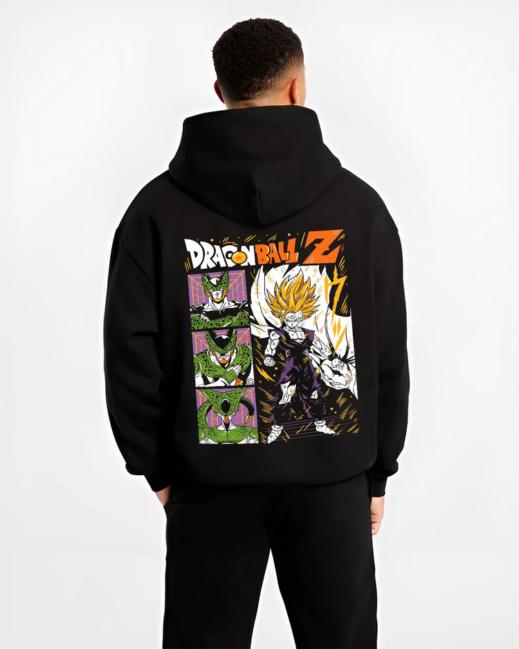 Black hoodie model back view showing Super Saiyan Gohan from Dragon Ball: Dragon Ball collage
