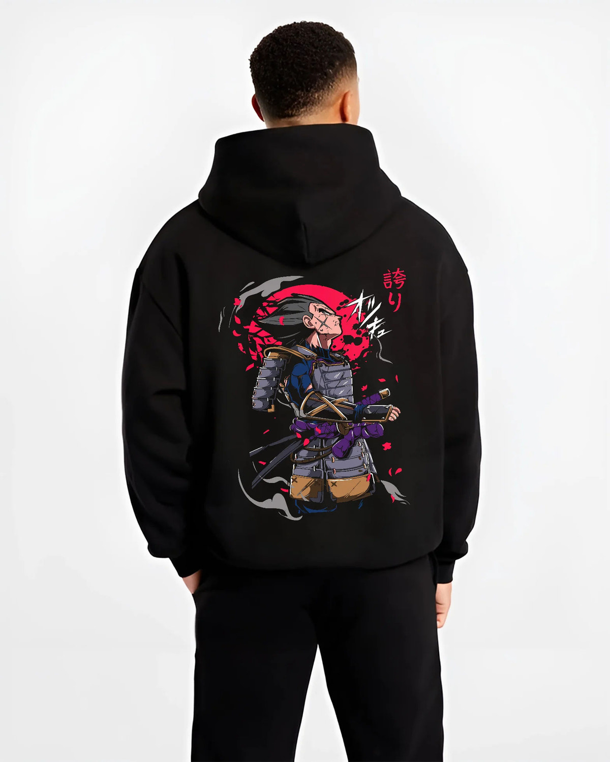 Vegeta in samurai armour looking at the sky in Dragon Ball crossover art on hoodie model back view