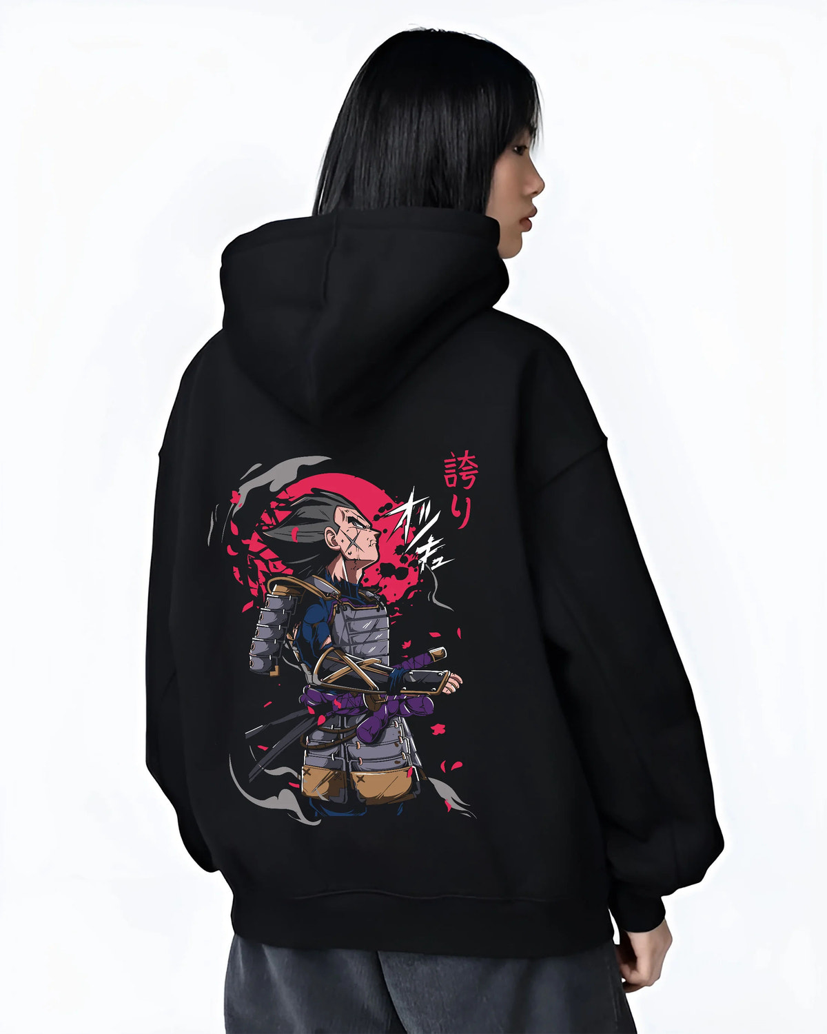 Vegeta in samurai armour looking at the sky in Dragon Ball crossover art on female hoodie model back view