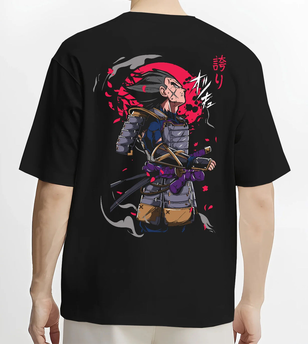 Vegeta in samurai armour looking at the sky in Dragon Ball crossover art on black T-shirt model back view