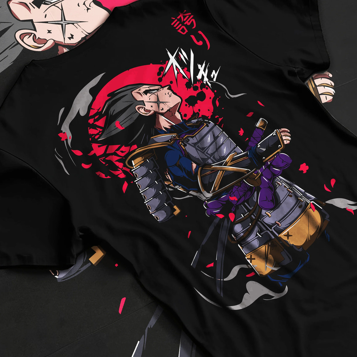 Vegeta in samurai armour looking at the sky in Dragon Ball crossover art on graphic T-shirt flat lay