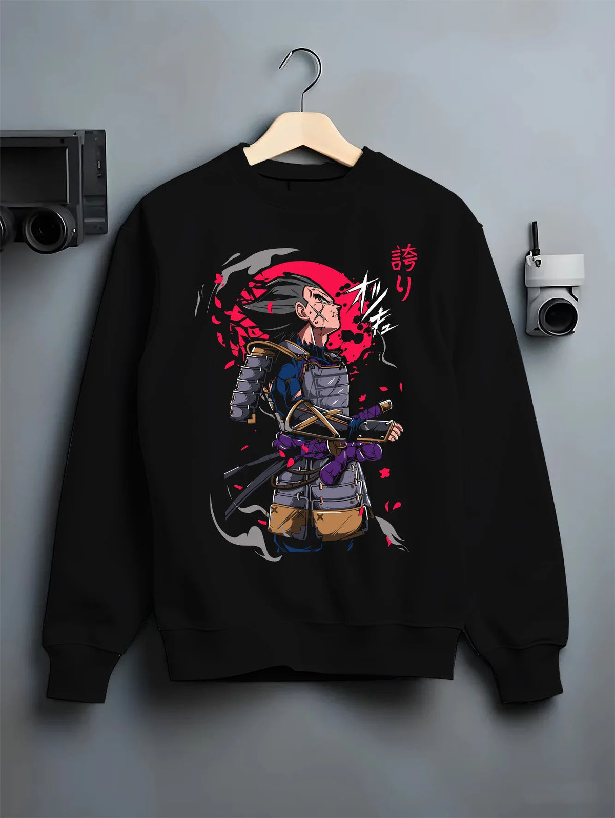 Vegeta in samurai armour looking at the sky in Dragon Ball crossover art on crewneck sweatshirt hanger
