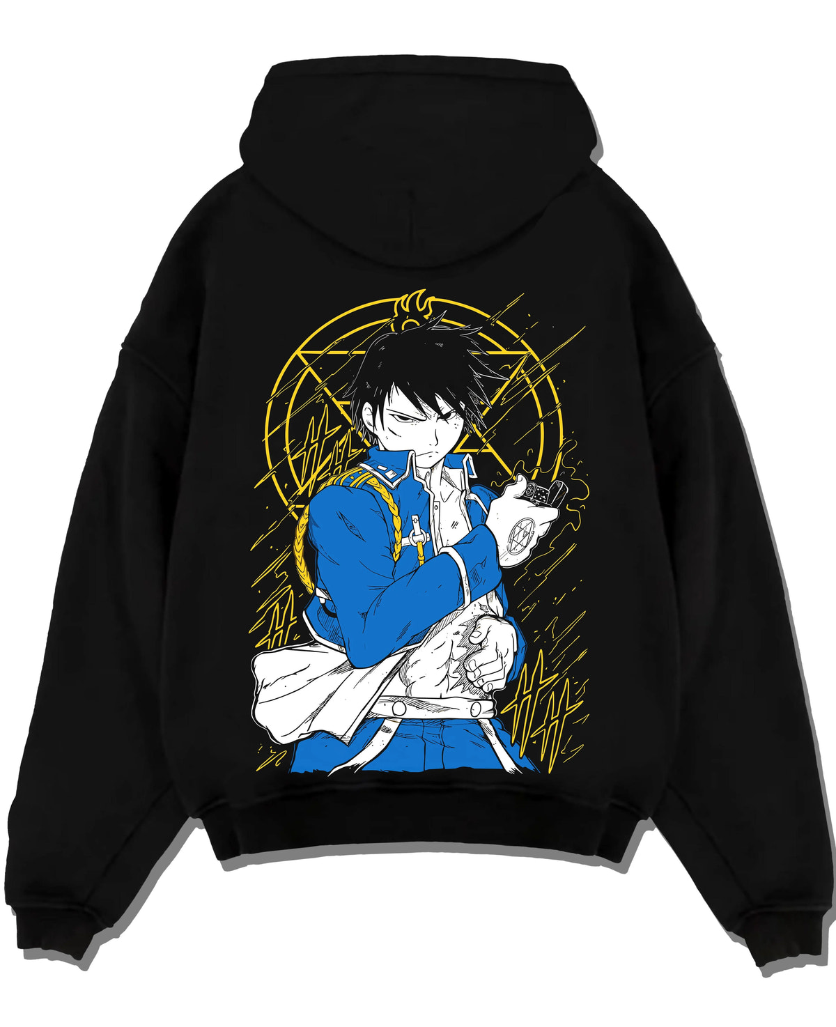 Black hoodie laid flat featuring Roy Mustang Flame Alchemist Fullmetal Alchemist artwork.