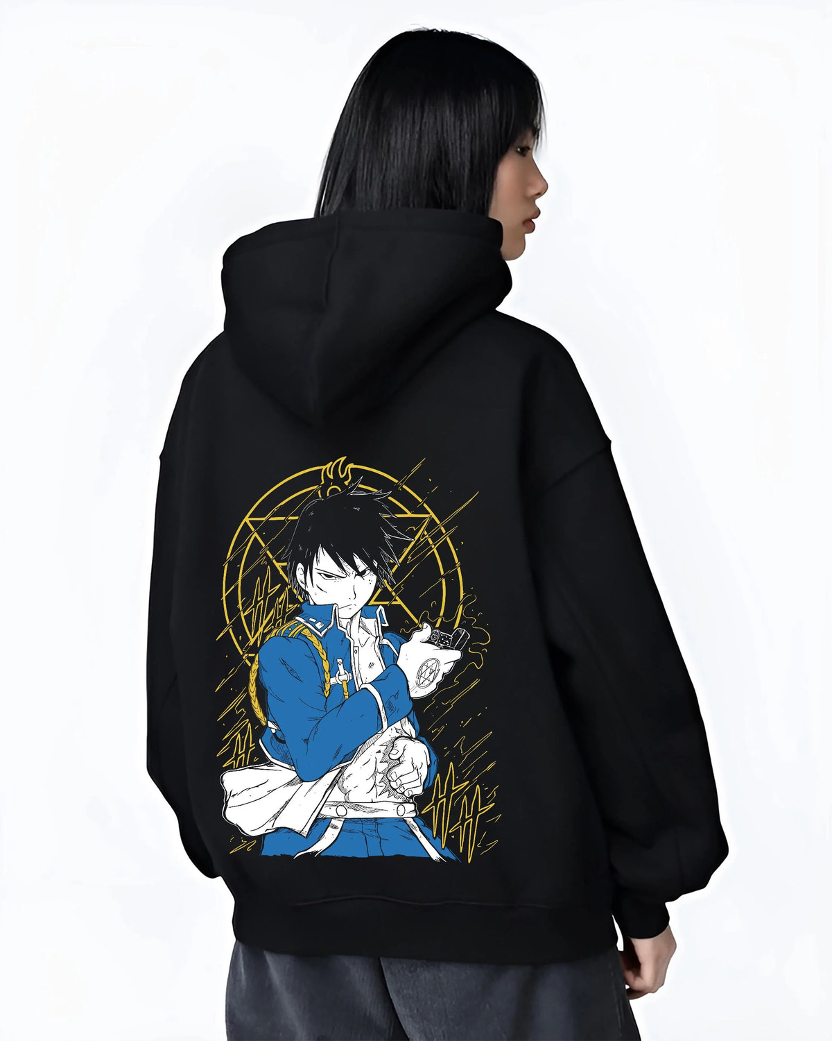 Black hoodie worn by female model from the back featuring Roy Mustang Flame Alchemist Fullmetal Alchemist artwork.