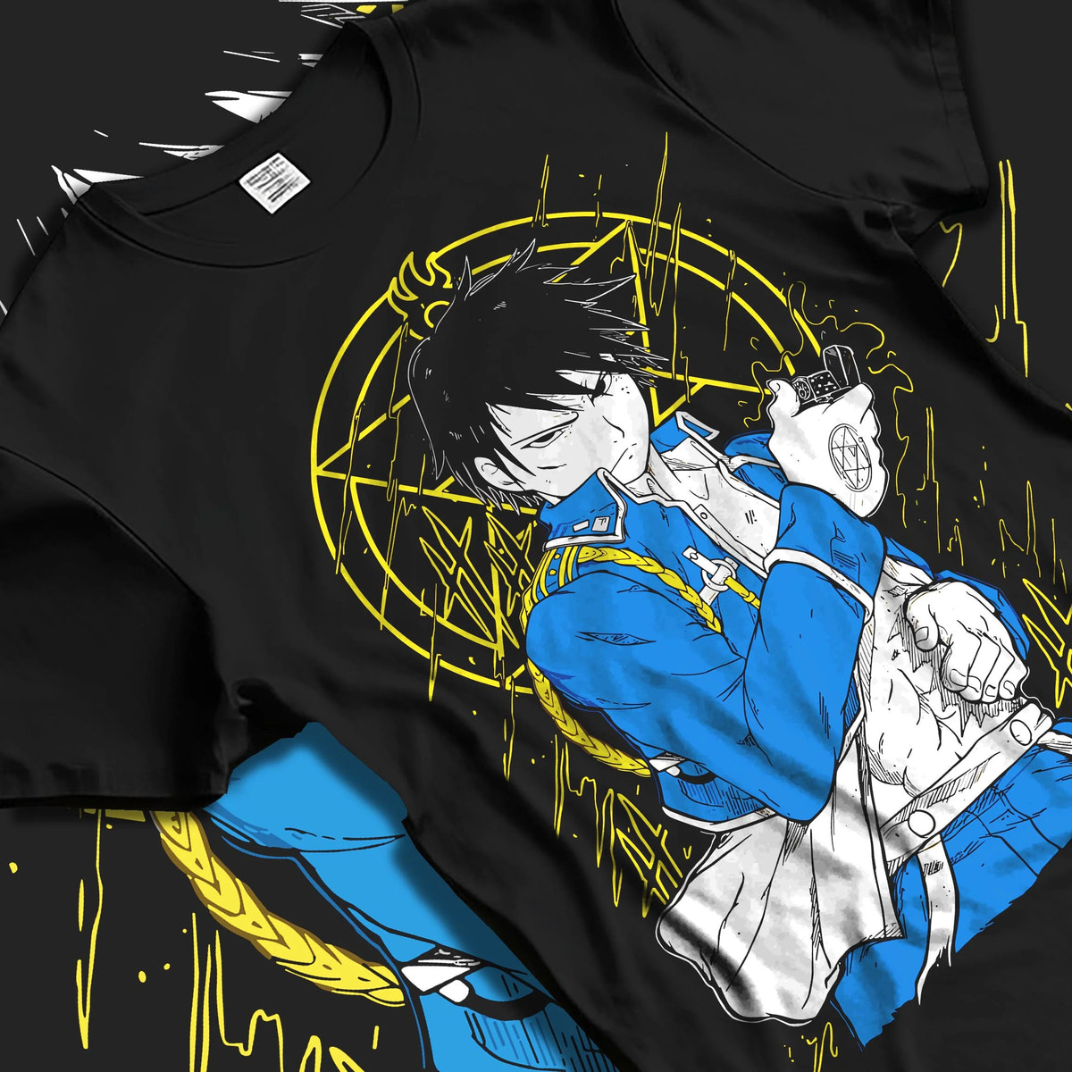 Black T-shirt laid flat with natural folds featuring Roy Mustang Flame Alchemist Fullmetal Alchemist artwork.