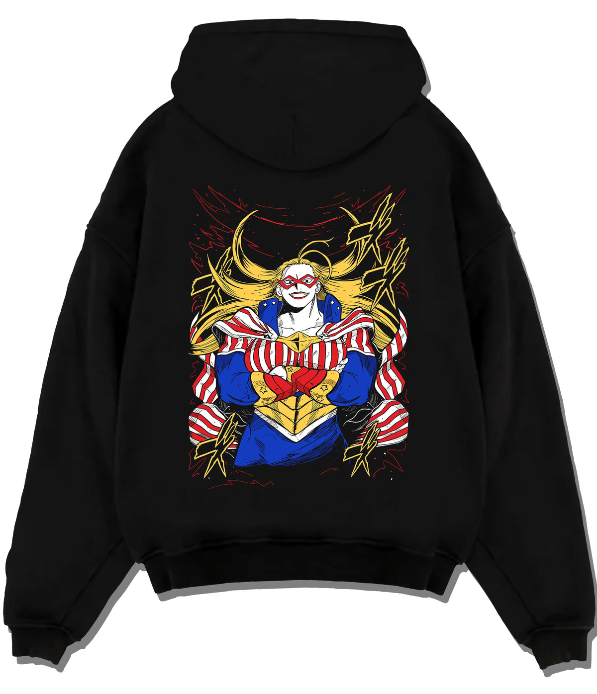 Black hoodie flat back view showing Star and Stripe from My Hero Academia: American-themed hero costume