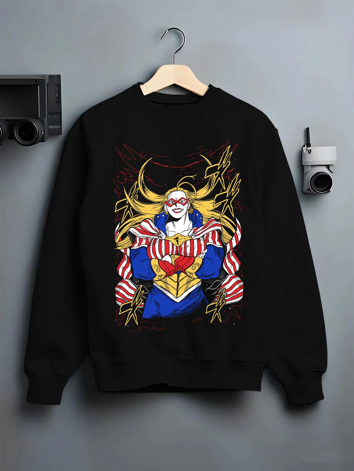 Black crewneck sweatshirt on hanger showing Star and Stripe from My Hero Academia: American-themed hero costume