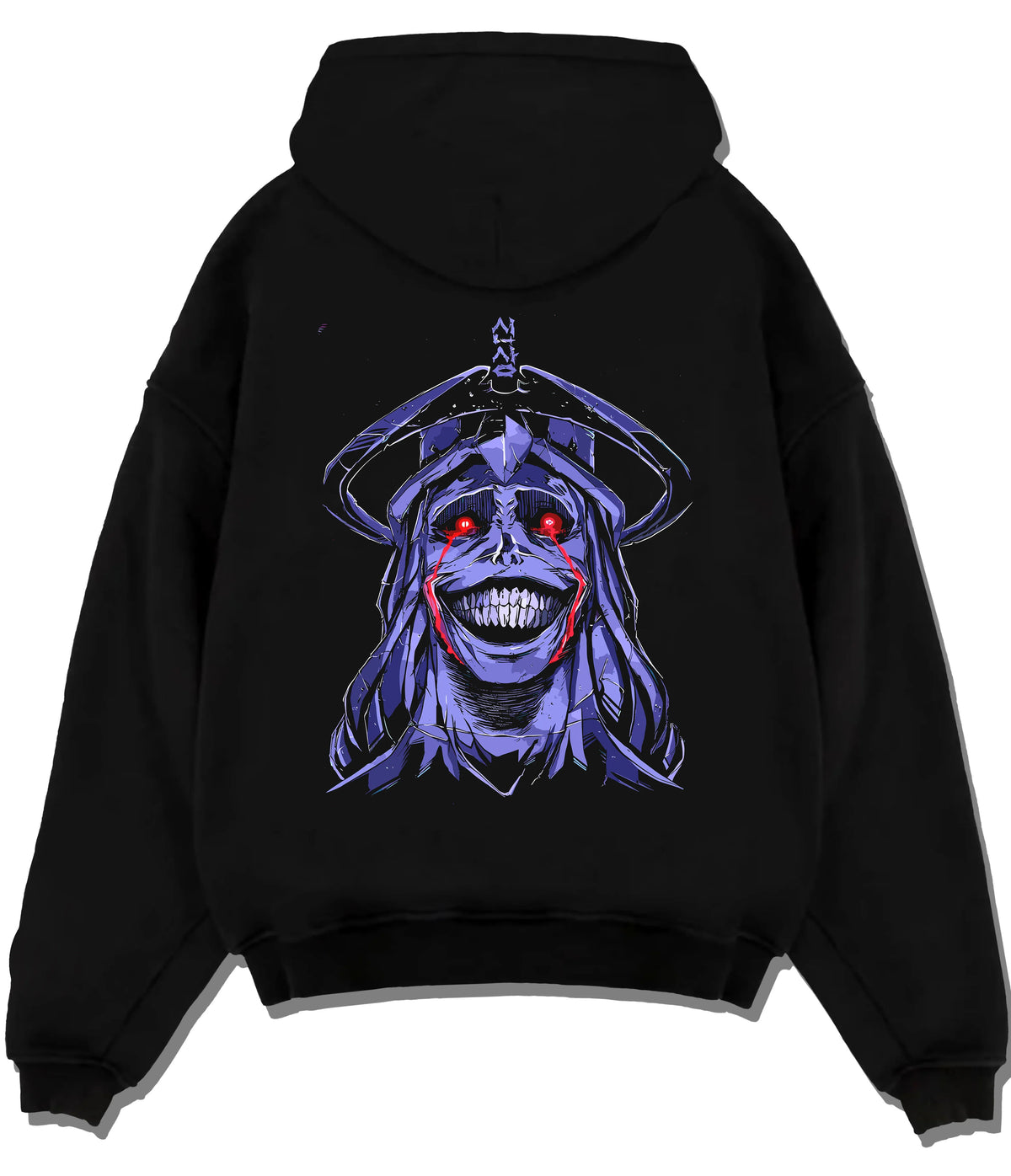 Black hoodie flat back view showing Statue of God from Solo Leveling: purple grinning portrait