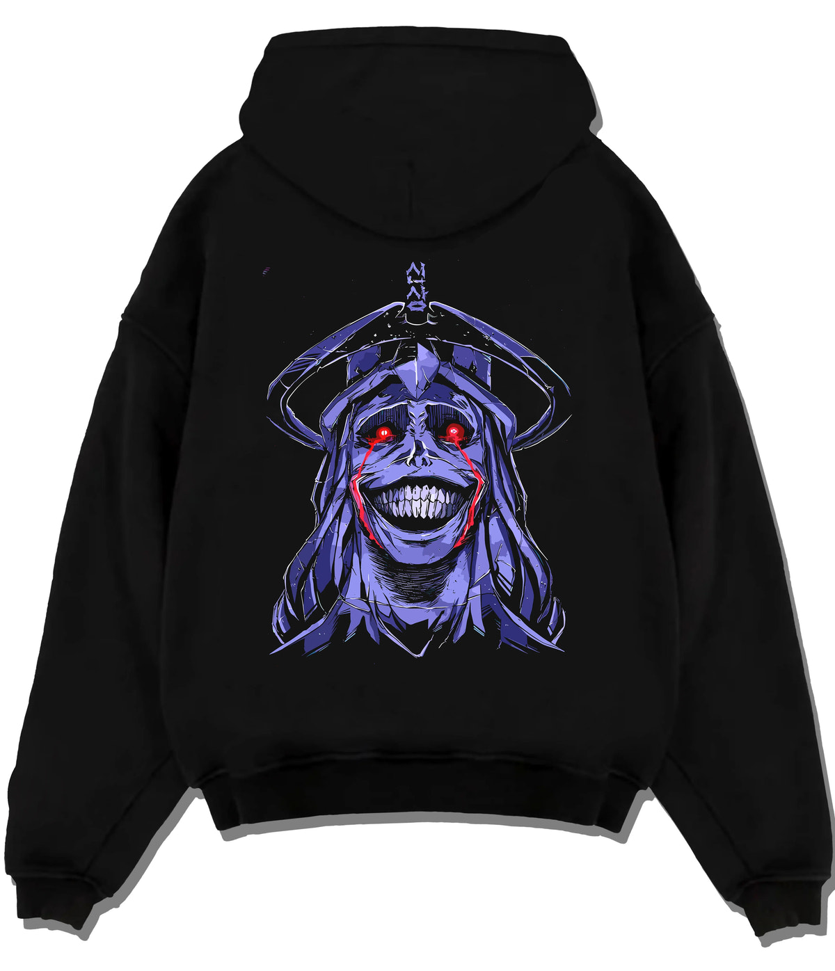 Black hoodie flat back view showing Statue of God from Solo Leveling: purple grinning portrait