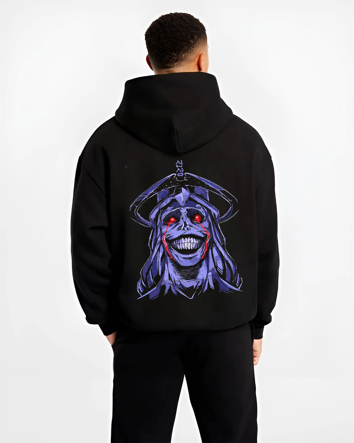 Black hoodie model back view showing Statue of God from Solo Leveling: purple grinning portrait