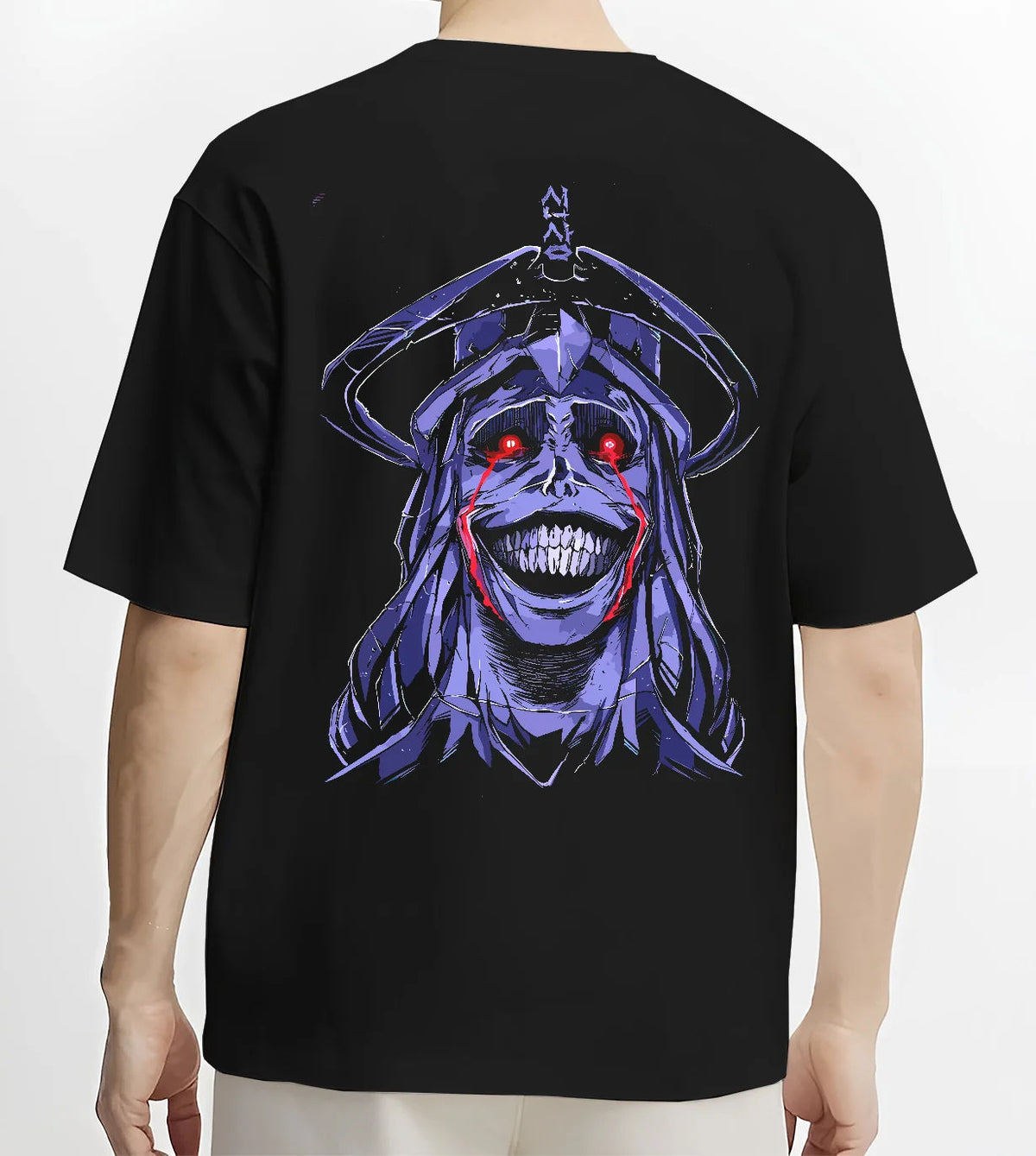 Black T-shirt model back view showing Statue of God from Solo Leveling: purple grinning portrait