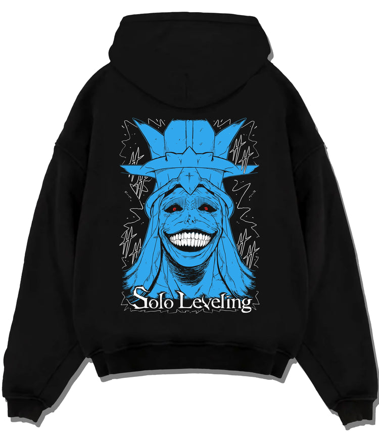 Black hoodie flat back view showing Statue of God from Solo Leveling: blue grinning face