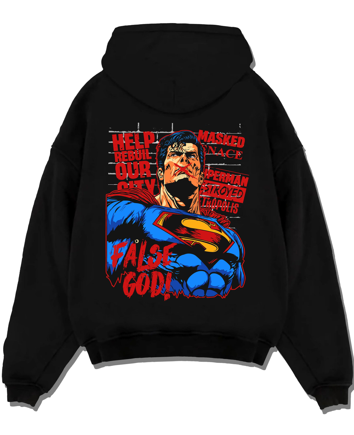 Black hoodie laid flat featuring Superman False God Man of Steel DC Comics artwork.