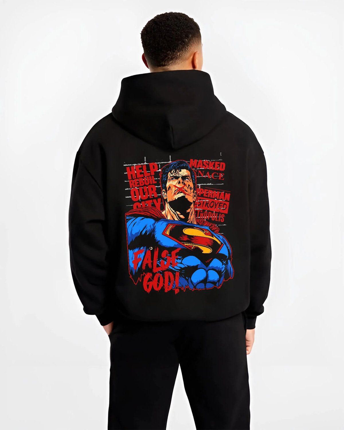 Black hoodie worn by male model from the back featuring Superman False God Man of Steel DC Comics artwork.