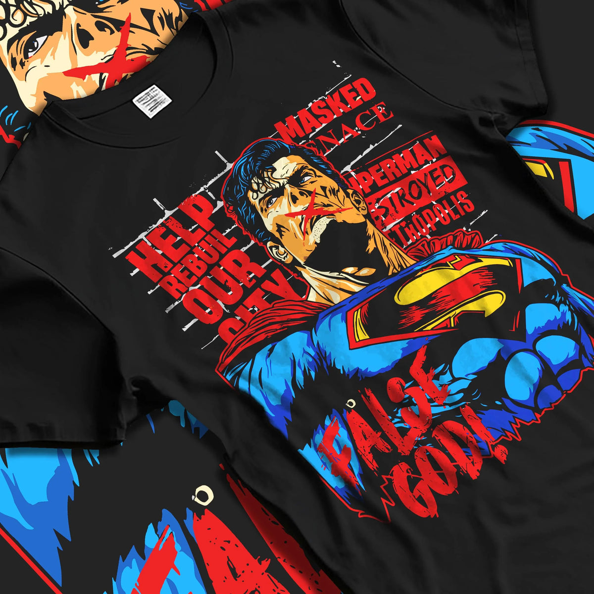 Black T-shirt laid flat with natural folds featuring Superman False God Man of Steel DC Comics artwork.