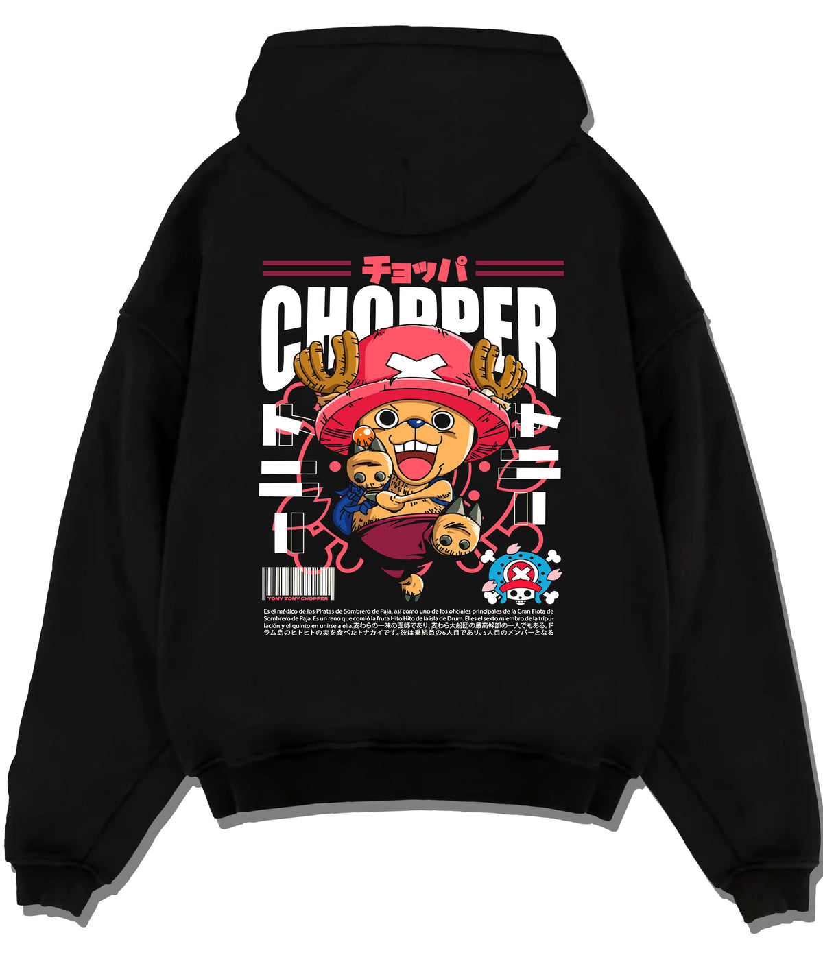 Black hoodie flat back view showing Tony Tony Chopper from One Piece: pink-hat poster