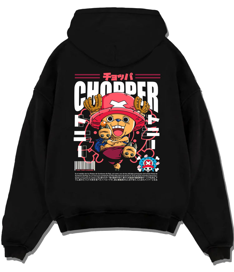 Black hoodie flat back view showing Tony Tony Chopper from One Piece: pink-hat poster