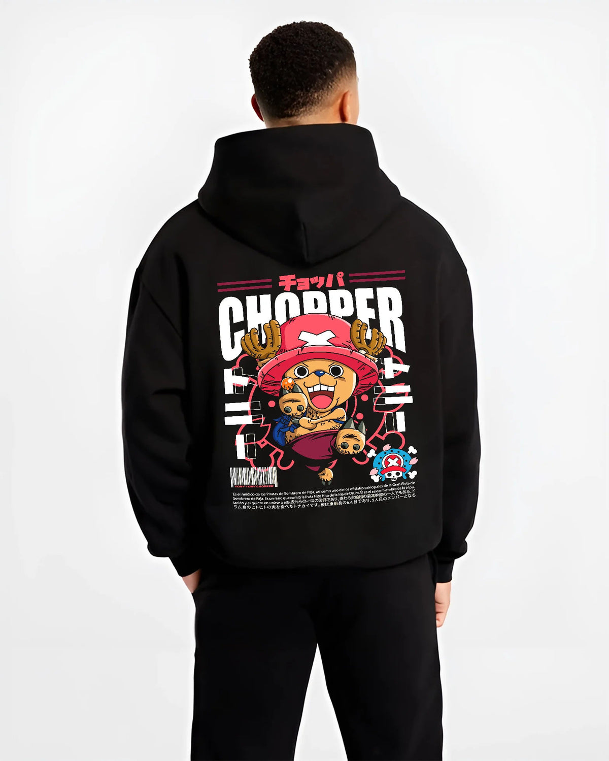 Black hoodie model back view showing Tony Tony Chopper from One Piece: pink-hat poster
