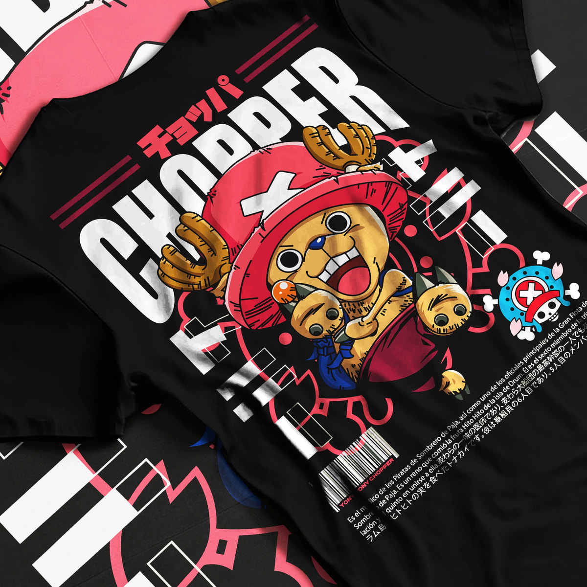 Black T-shirt flat back view showing Tony Tony Chopper from One Piece: pink-hat poster