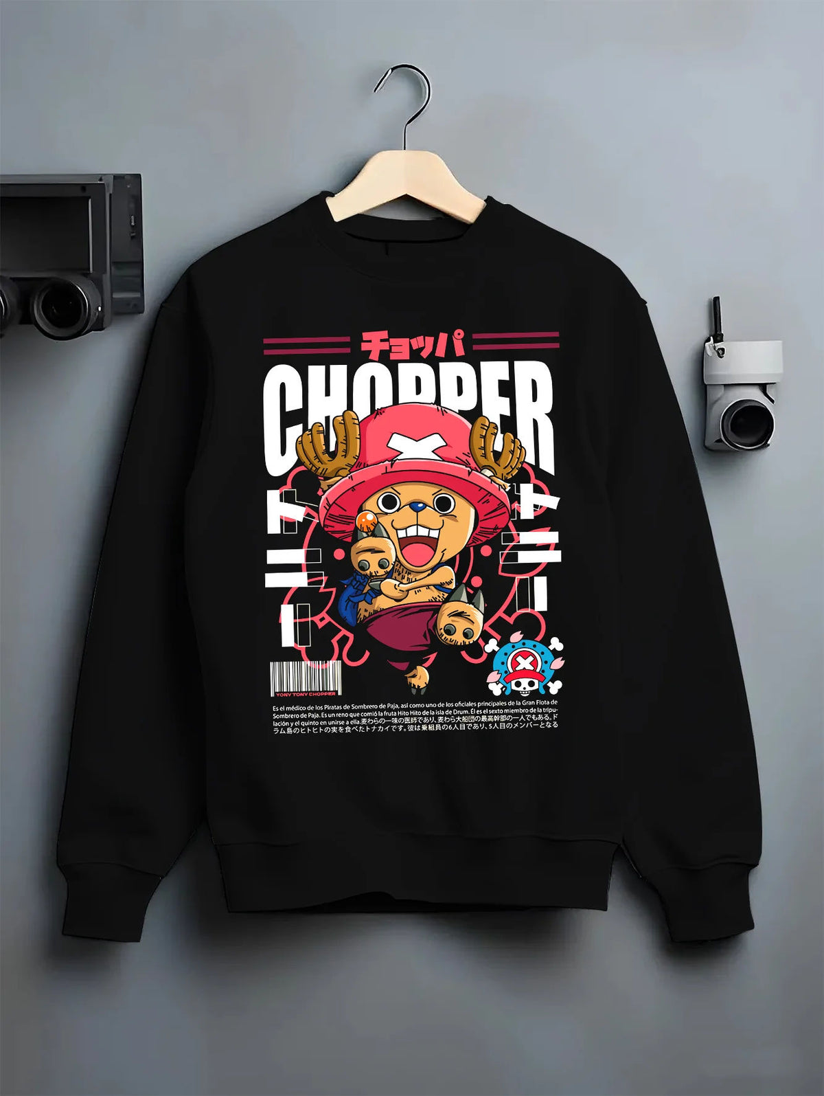 Black crewneck sweatshirt on hanger showing Tony Tony Chopper from One Piece: pink-hat poster