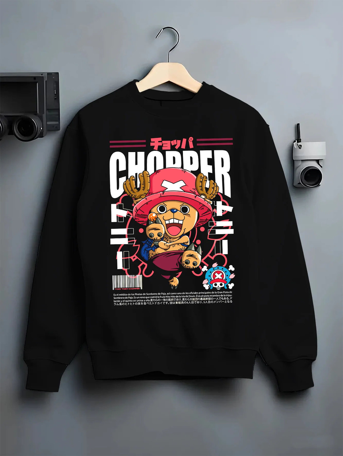 Black crewneck sweatshirt on hanger showing Tony Tony Chopper from One Piece: pink-hat poster