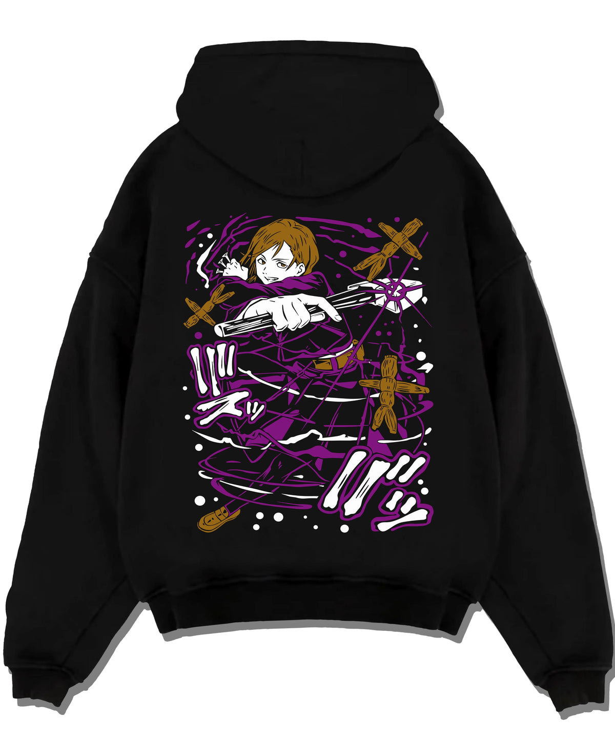 Black hoodie laid flat featuring Nobara Kugisaki Straw Doll Technique Jujutsu Kaisen artwork.